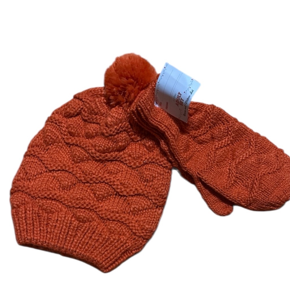 Cozy Orange Knit Hat and Mittens Set - Picture 2 of 7